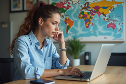 Jeune femme en tenue casual travaillant sur un ordinateur pour un voyage