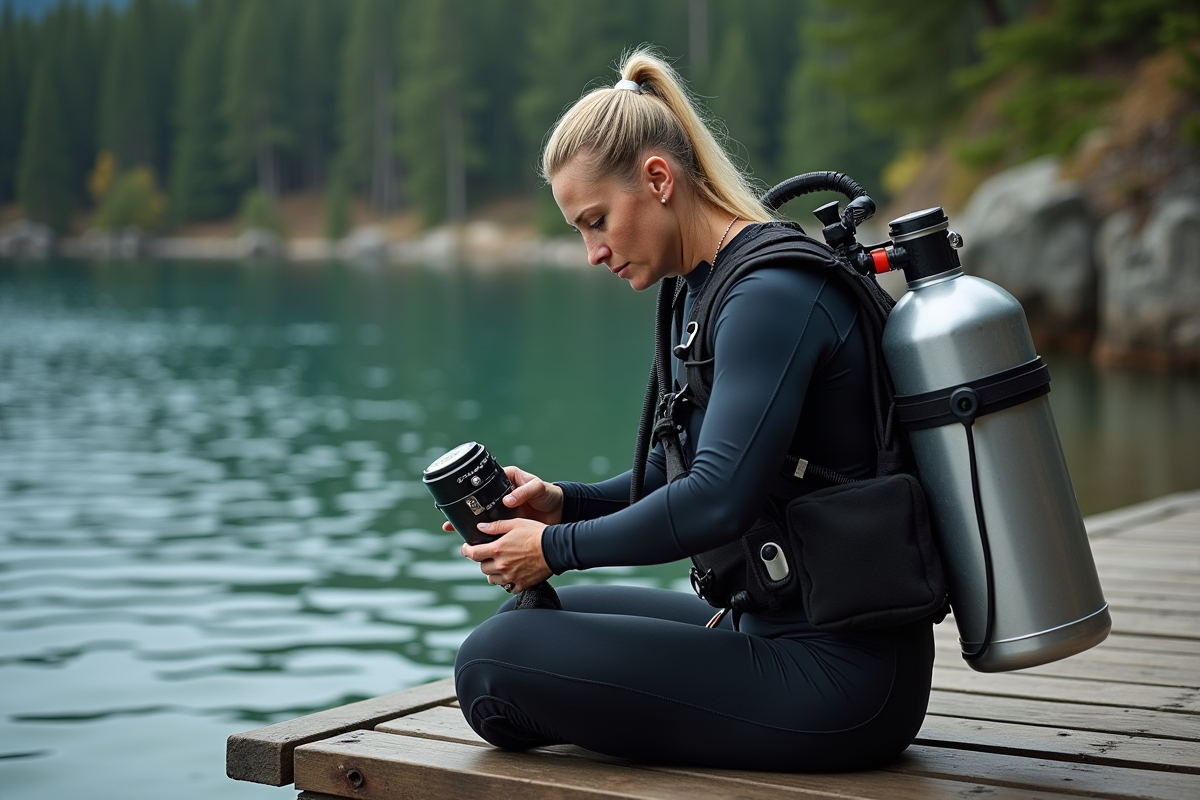 Femme préparant son équipement de plongée au bord du lac