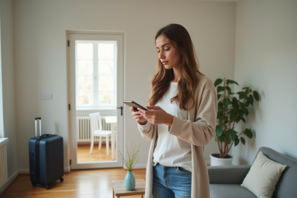 Jeune femme professionnelle lisant des détails de nettoyage dans un appartement moderne
