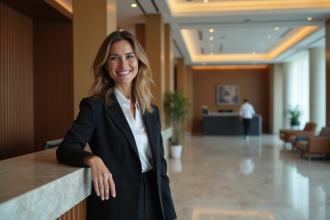 Femme élégante check-in à l'hôtel dans un lobby moderne