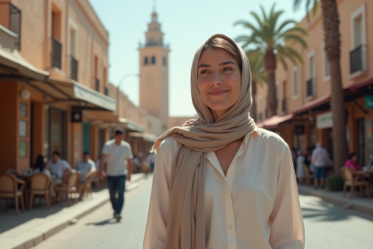 Jeune femme souriante dans une rue animée de Rabat
