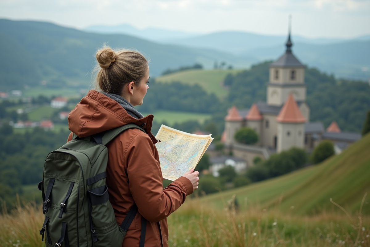 Femme en plein air contemplant un paysage de collines et monuments