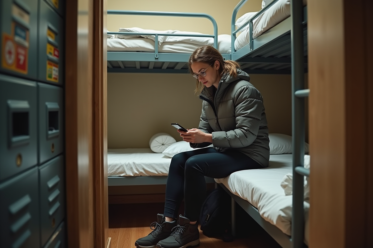 Femme voyageuse utilisant son smartphone dans une auberge