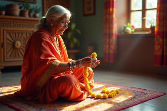 Femme indienne en sari rouge et or tissant un garland de jasmin