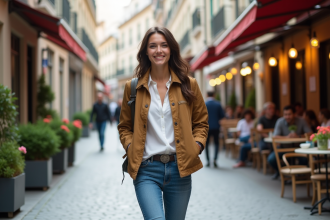 Jeune femme souriante marche dans une rue piétonne européenne