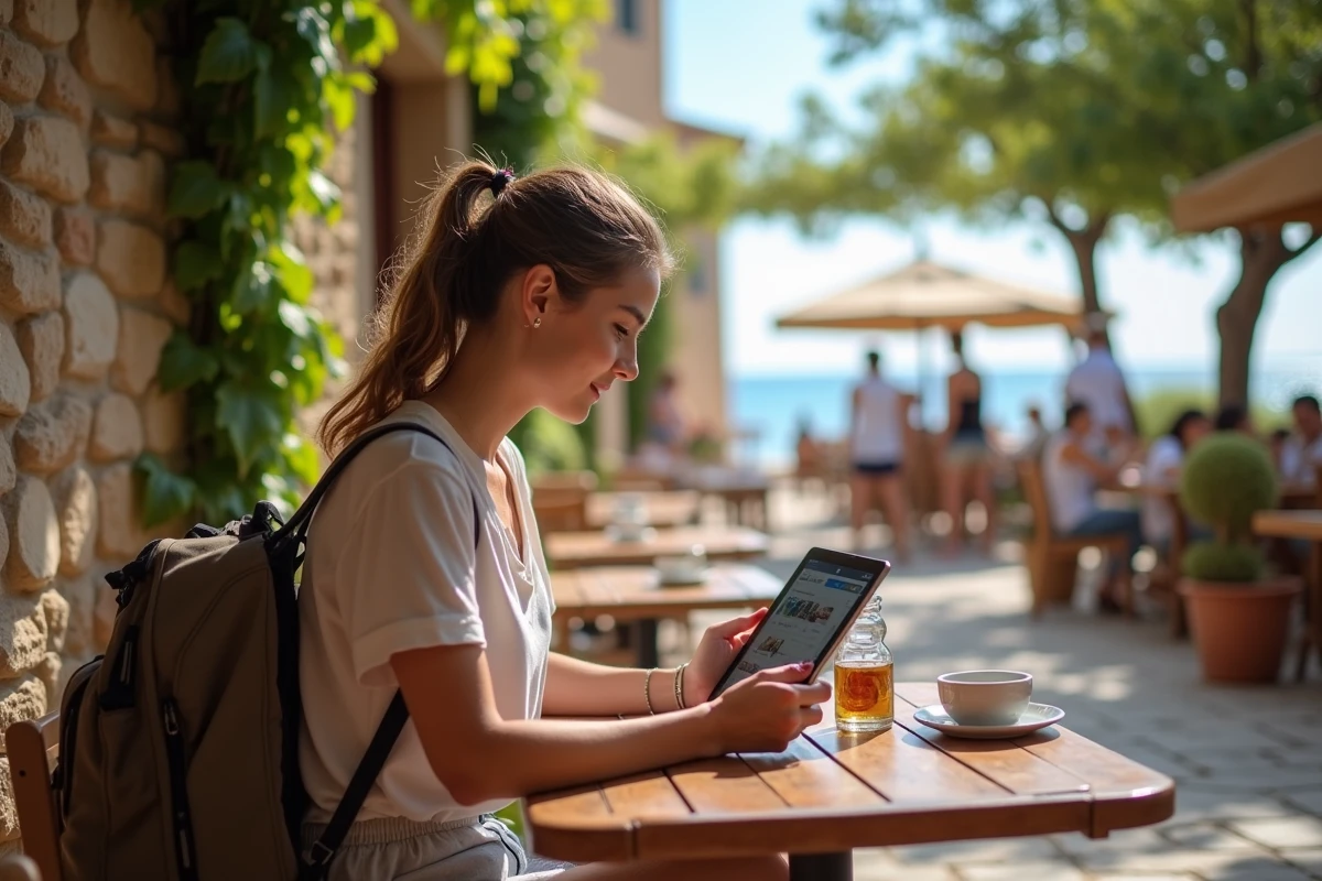 Jeune femme avec sac à dos consulte sites de location vacances au café