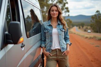 Jeune femme devant un van en Australie avec paysage naturel