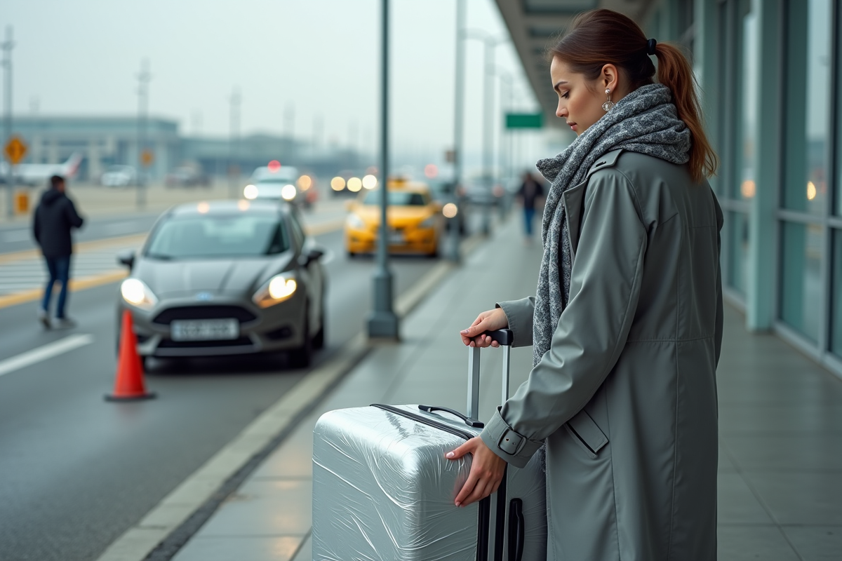 Jeune femme vérifiant sa valise plastifiee à l