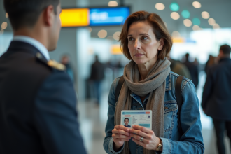 Femme avec passeport francais a l’aeroport