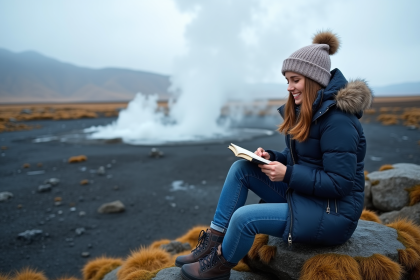Femme en parka regardant un carnet de voyage en Islande