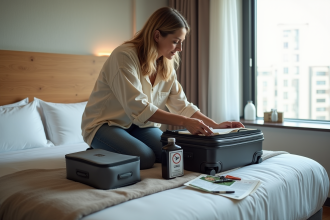 Femme préparant ses bagages dans une chambre d'hôtel lumineuse