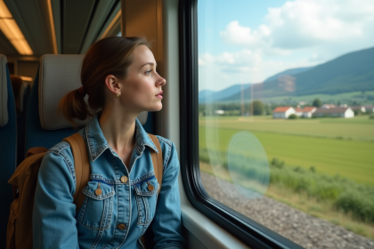 Jeune femme en train regardant par la fenêtre d'un train européen