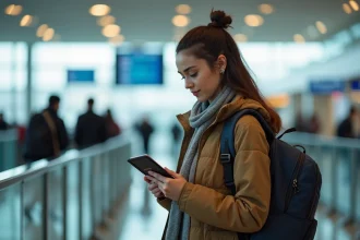 Jeune femme voyageuse vérifiant son passeport à l'aéroport