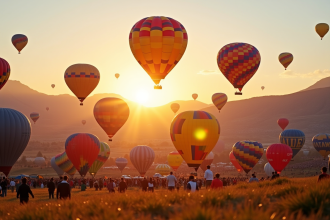Festival de ballons colorés au lever du soleil
