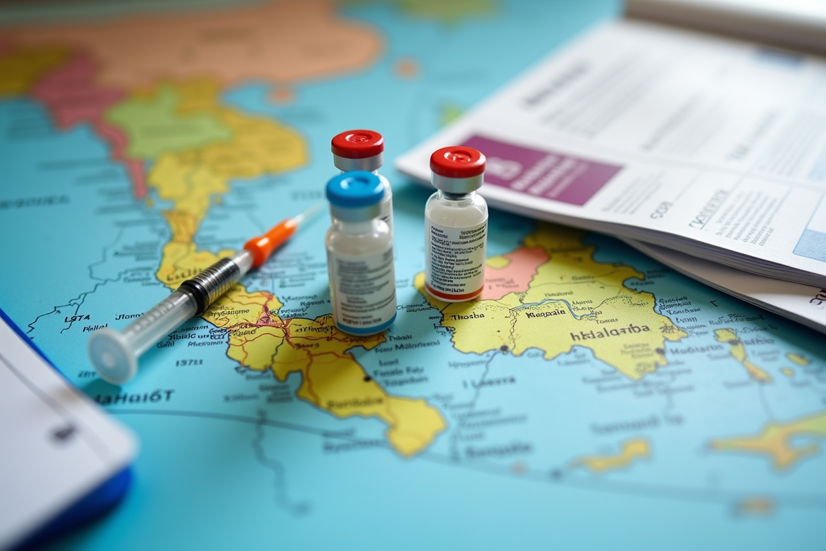 Vials de vaccins colorés et seringue sur une carte de la Thaïlande