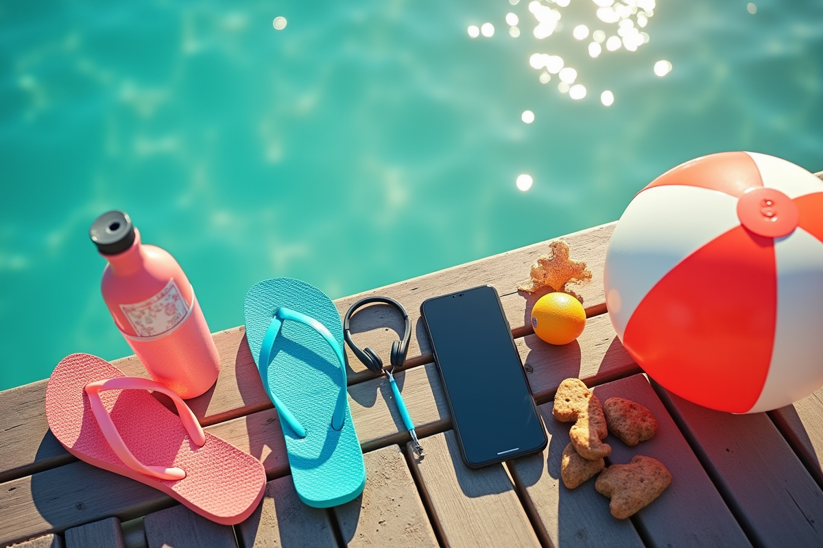 Disposition d accessoires de plage sur une jetée en bois