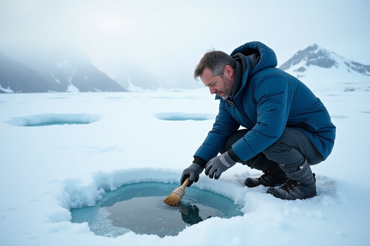 Glaciologue en Antarctique découvrant des fossiles sous la glace