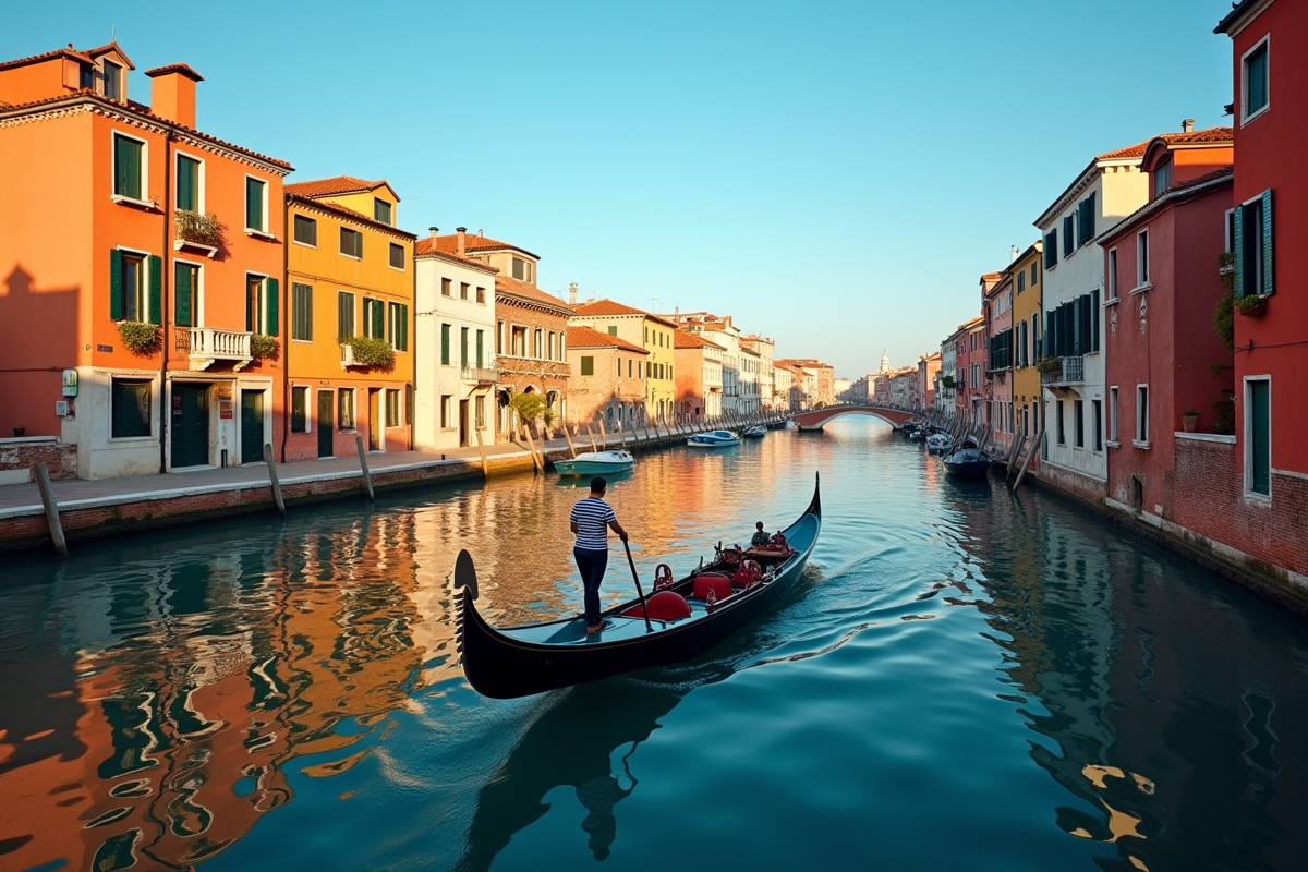 Gondole sur un canal ensoleille a Venise avec bâtiments colorés