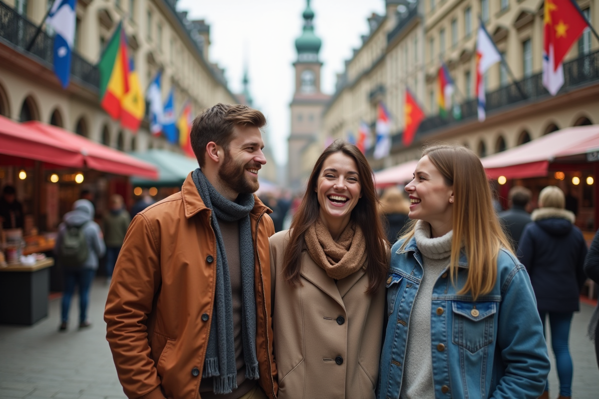 Groupe divers d'adultes souriants dans une place urbaine