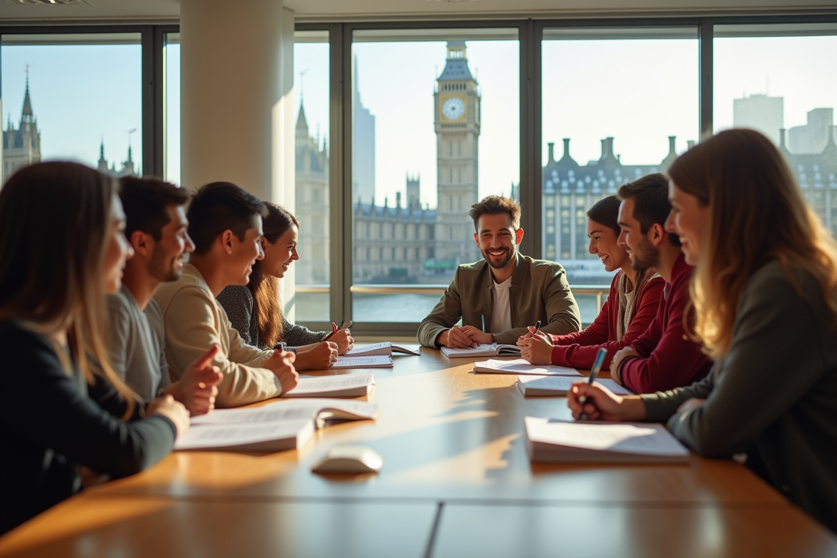 Groupe d'étudiants internationaux en classe d'anglais à Londres