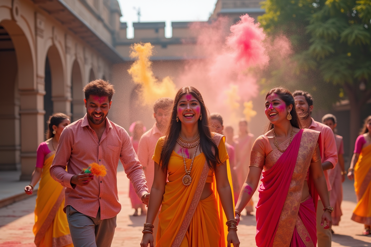 Jeunes indiens lançant des poudres colorées lors de Holi