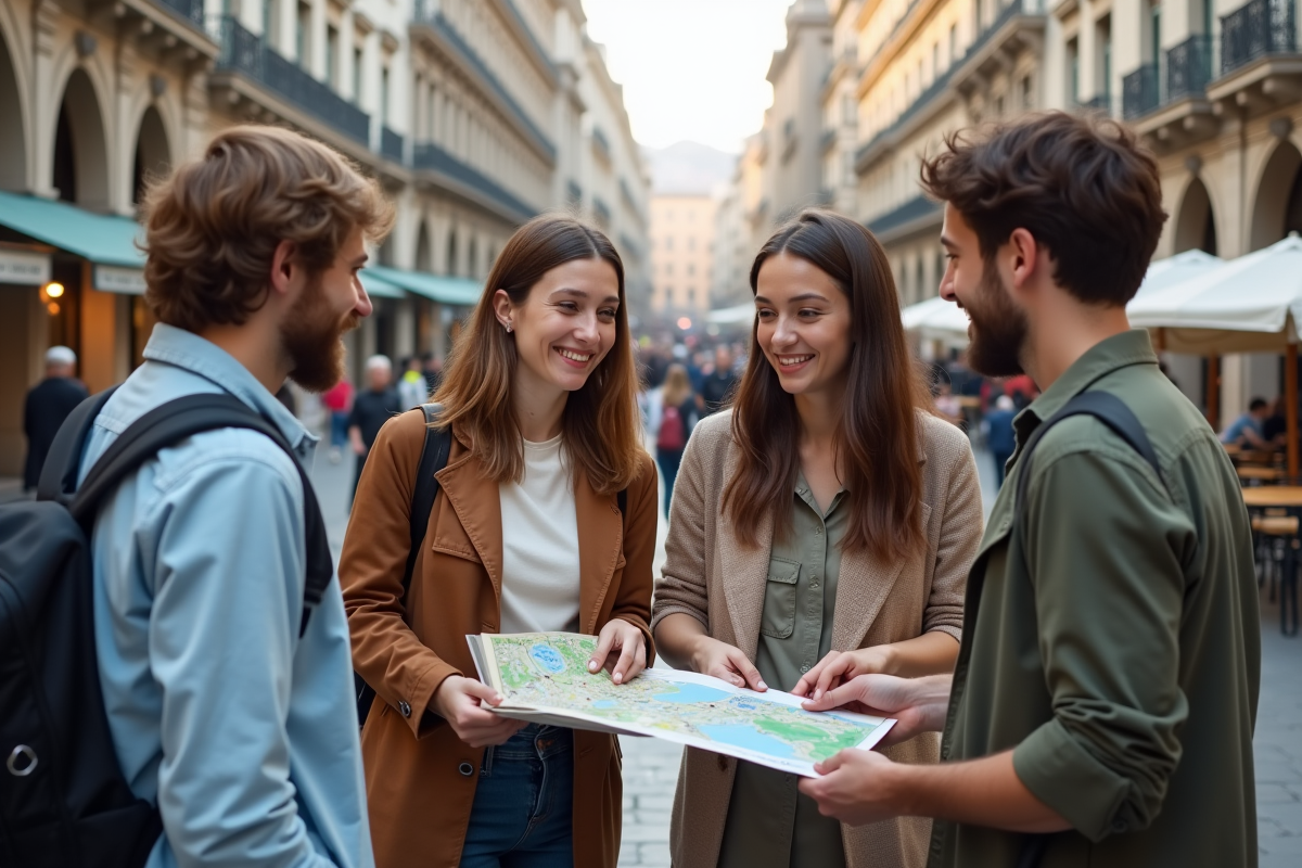 Jeunes discutant autour d une carte dans une place urbaine animée