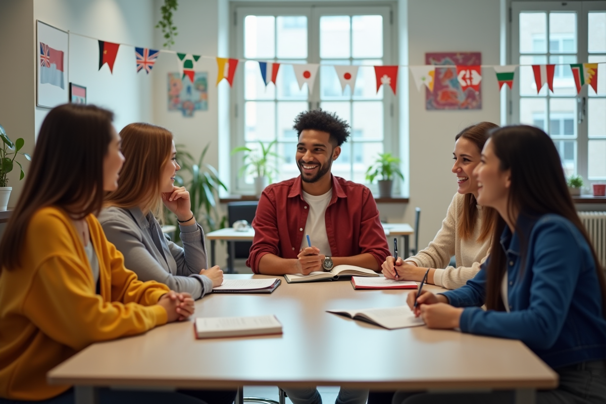 Groupe de jeunes adultes en classe avec livres et drapeaux