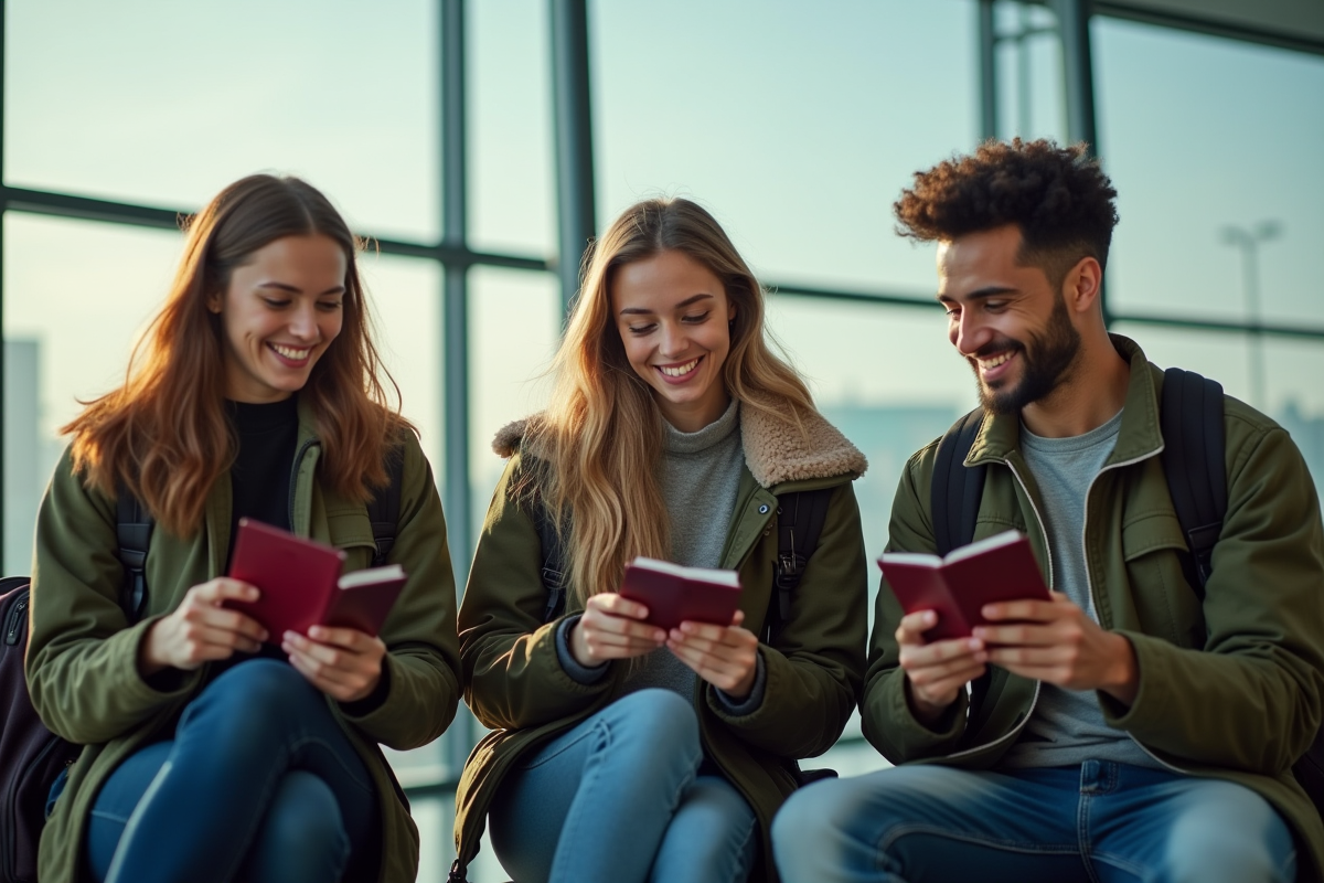 Groupe de jeunes voyageurs souriants à l'aéroport lumineux