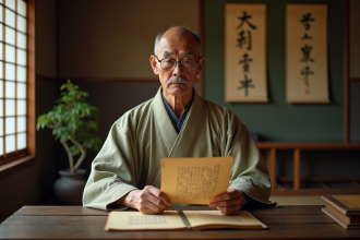 Historien japonais en kimono tenant un vieux manuscrit