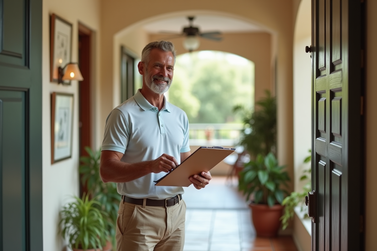 Homme accueillant un client dans une location de vacances chaleureuse