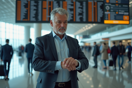 Homme d'âge moyen vérifiant sa montre dans un aéroport animé