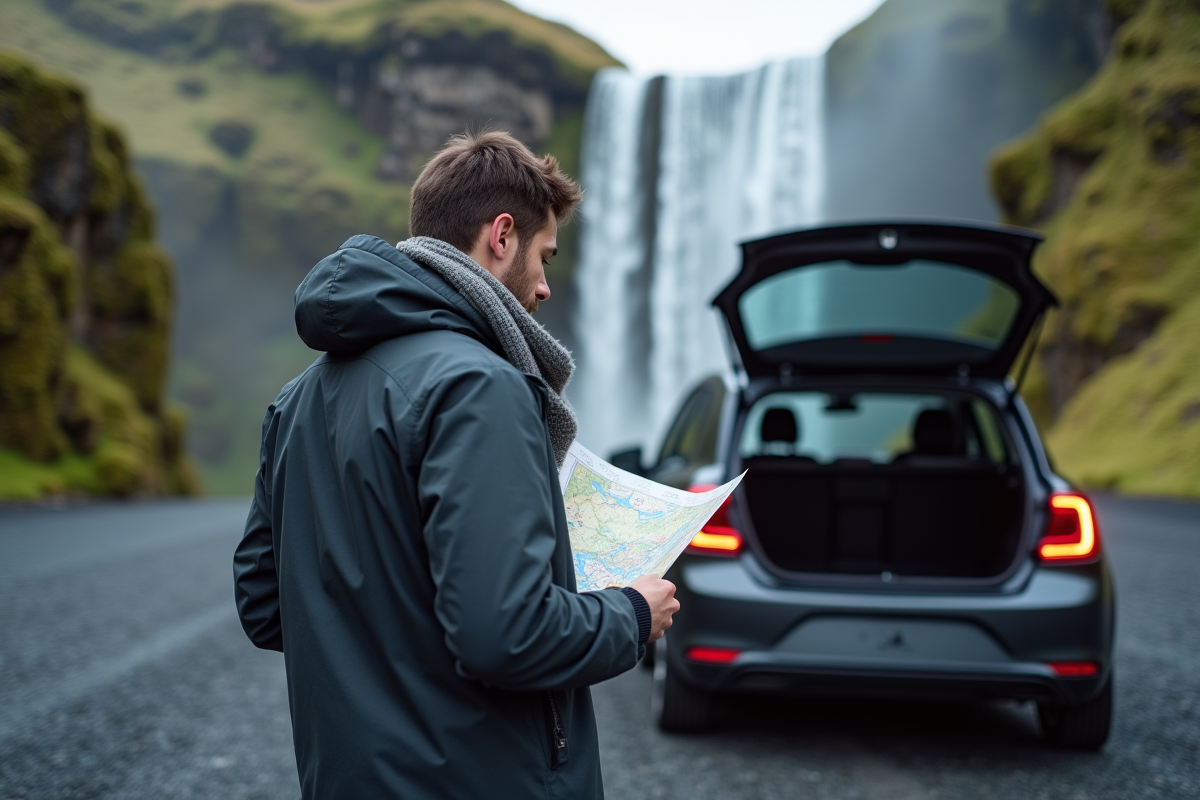 Homme examinant une carte près d une cascade en voyage