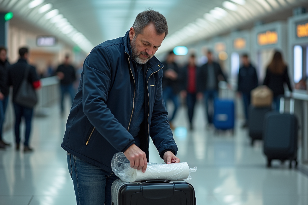 Homme emballant une valise noire à l'aéroport