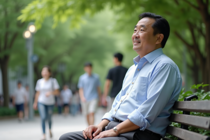 Homme japonais d'âge moyen dans un parc tokyoïte