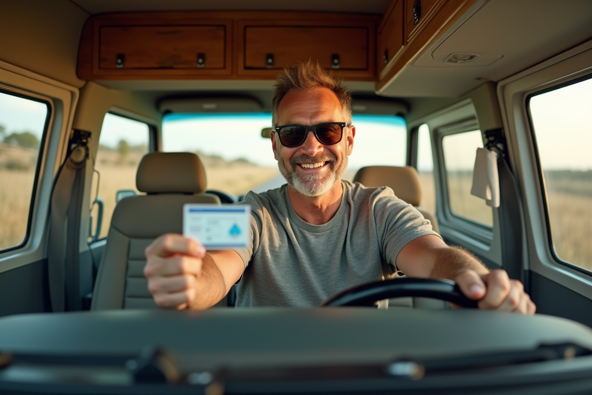 Homme souriant tenant son permis de conduire dans le van
