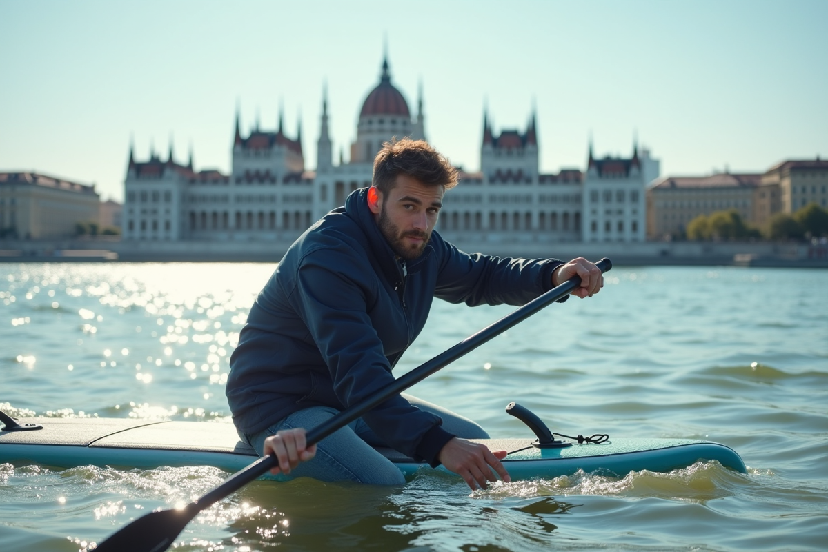 Jeune homme naviguant en paddle sur le Danube avec le Parlement
