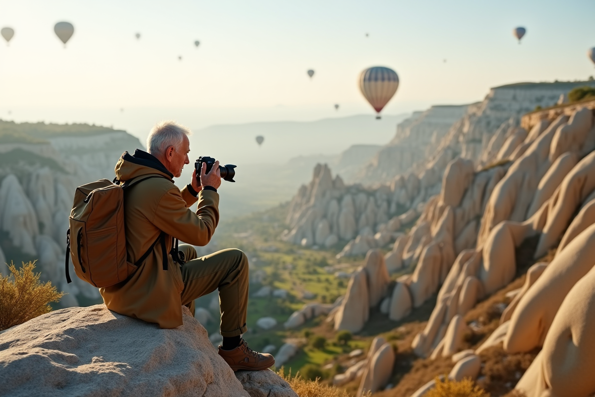 Homme photographiant la vallée de Göreme depuis un rocher