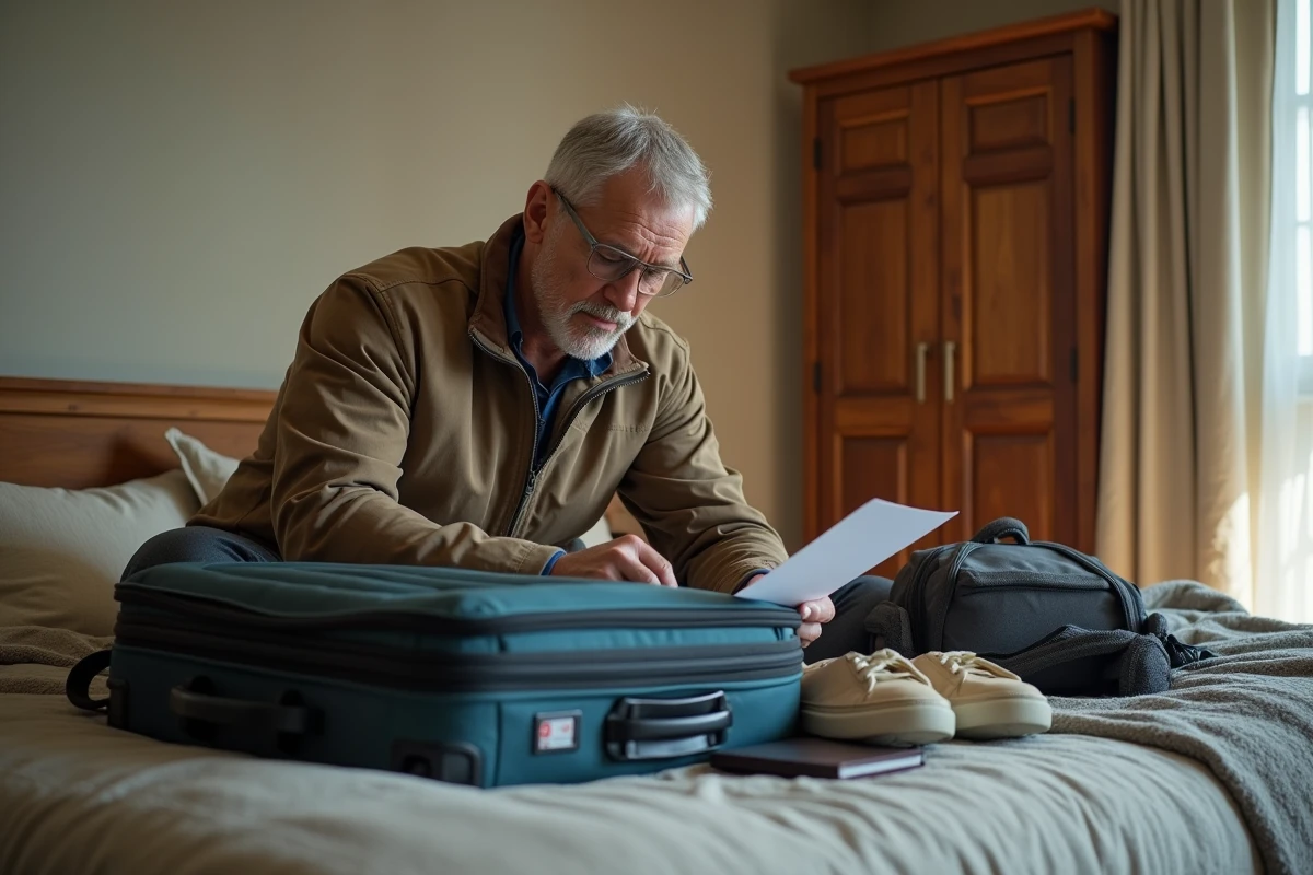 Homme préparant sa valise dans une chambre chaleureuse