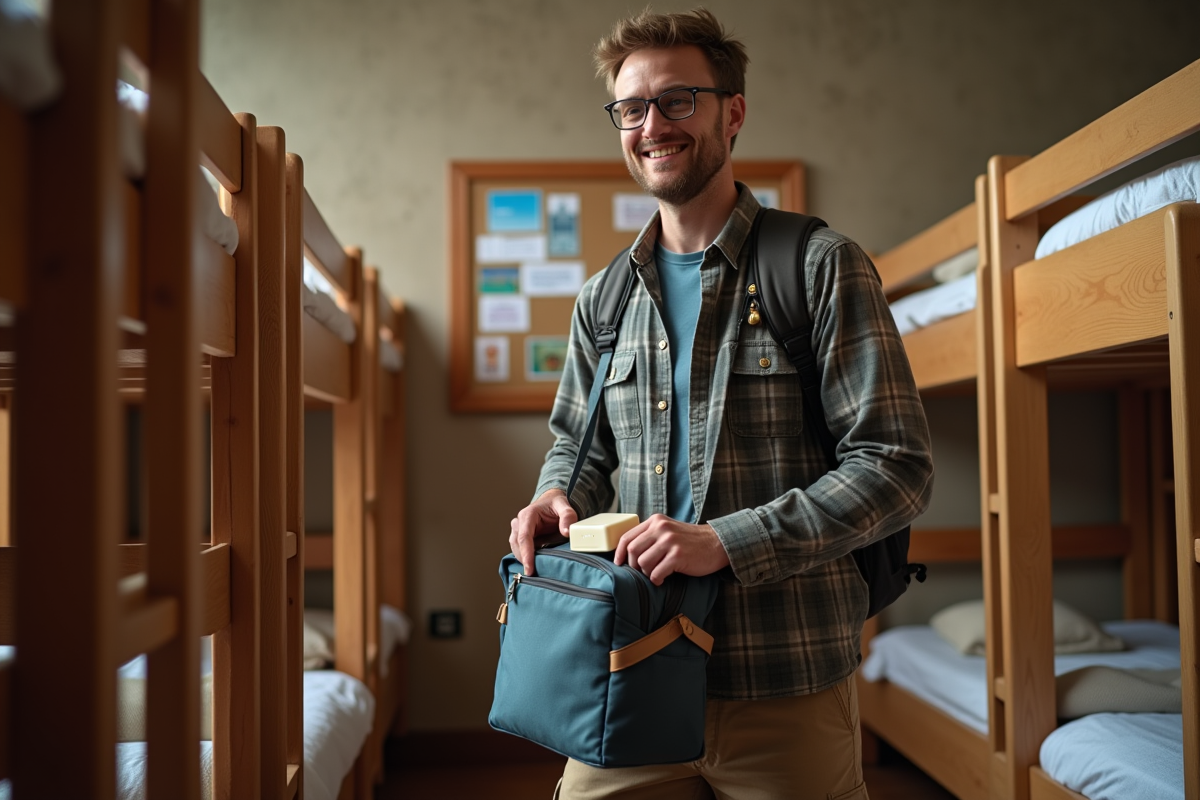 Homme backpacker découvrant un savon dans un dortoir