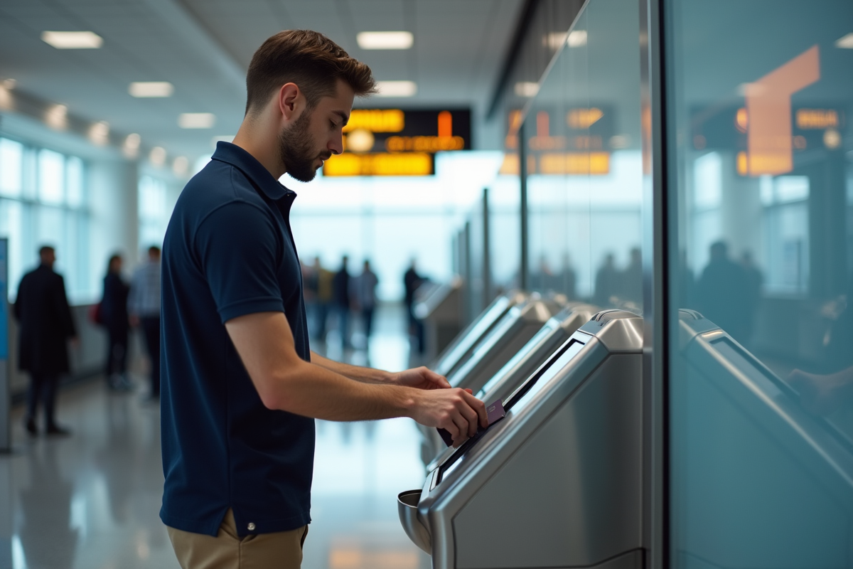 Jeune homme scannant son passeport à un kiosque aéroport