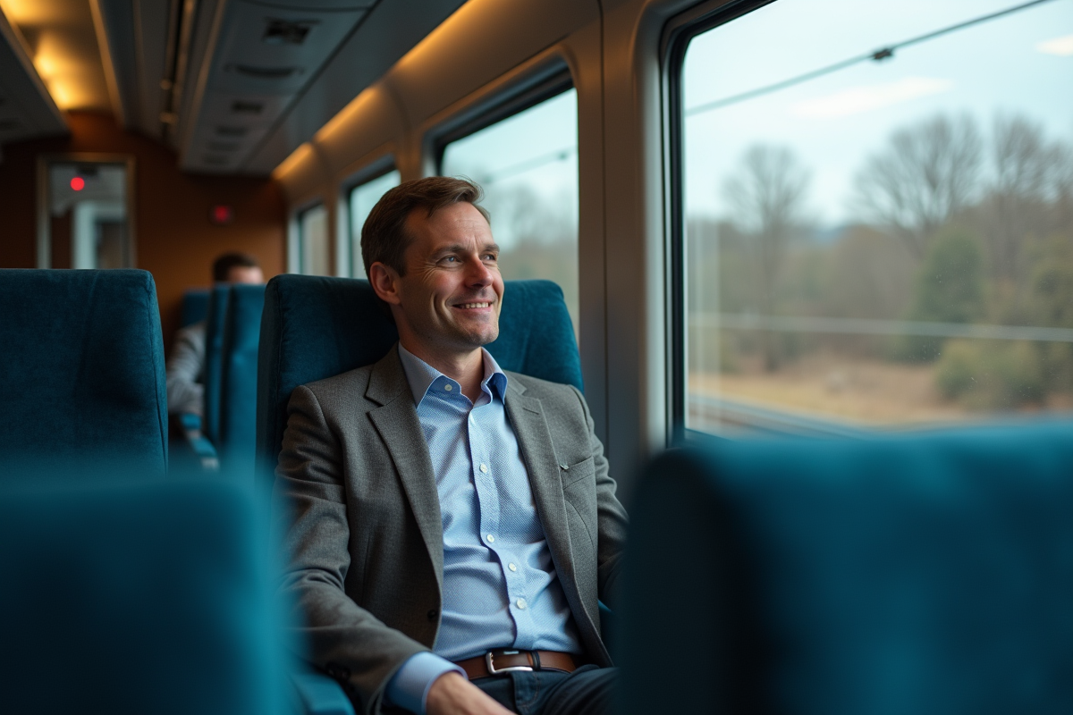 Homme assis dans un train regardant par la fenêtre