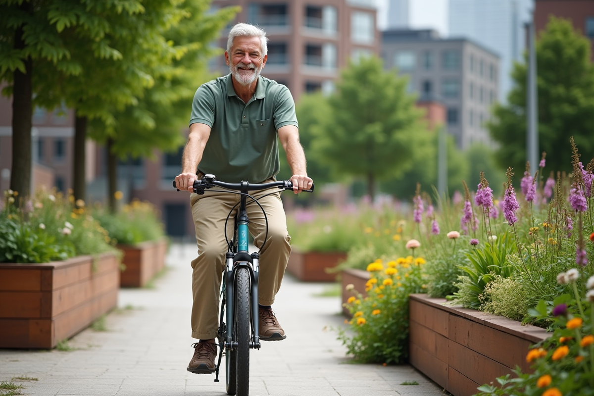 Homme âgé en vélo dans un jardin communautaire urbain