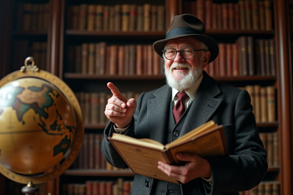 Homme age en costume ancien pointant un globe dans un bureau