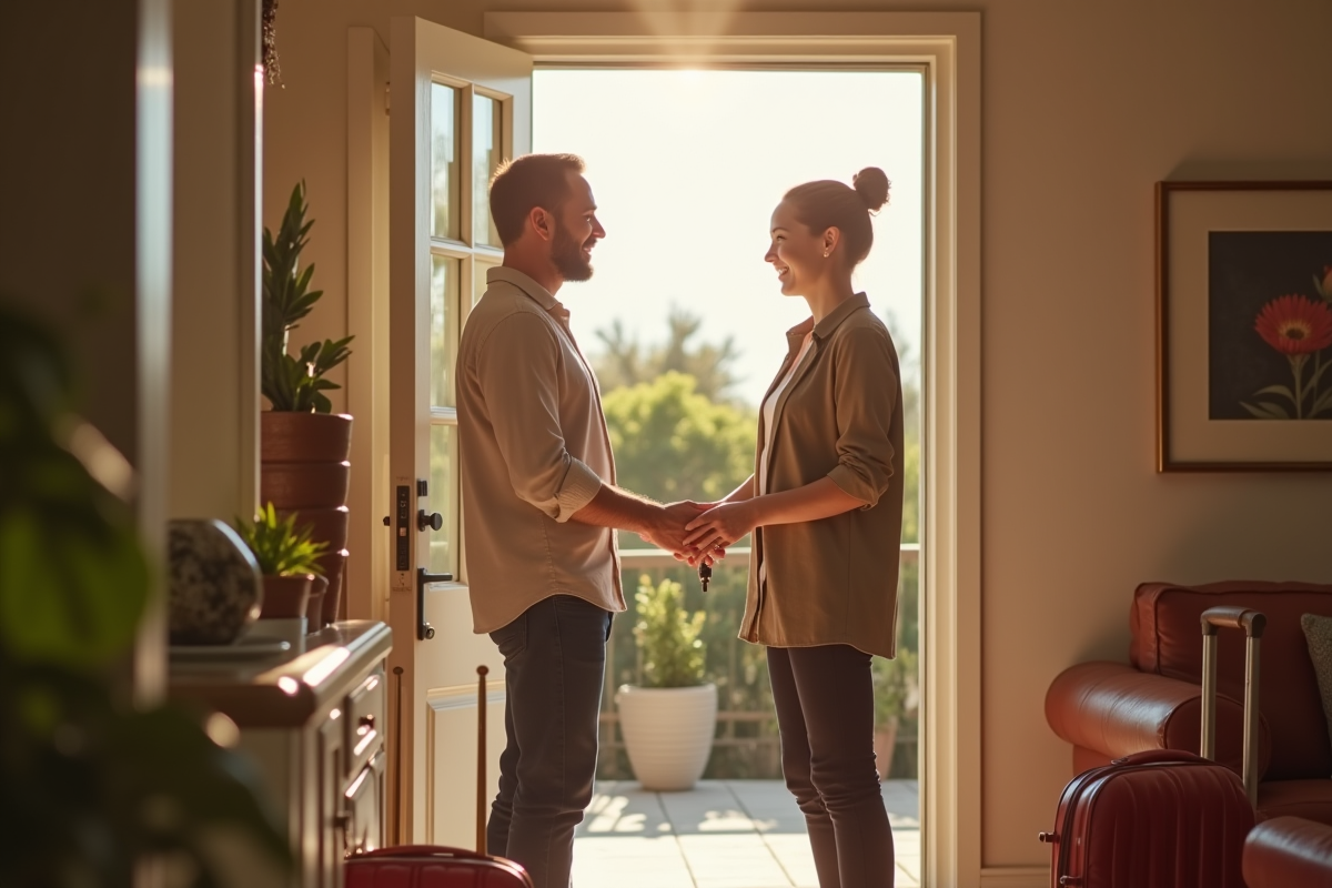 Hôte Airbnb accueillant un invité dans un appartement lumineux