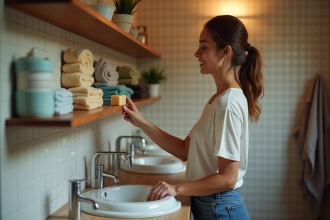 Jeune femme dans un hostel choisissant un savon