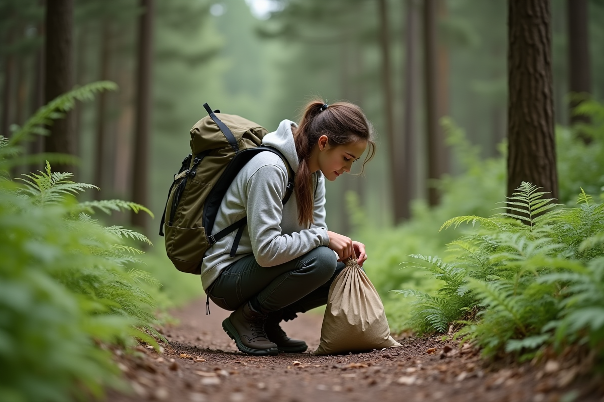 Jeune femme en randonnée ramassant des déchets en forêt