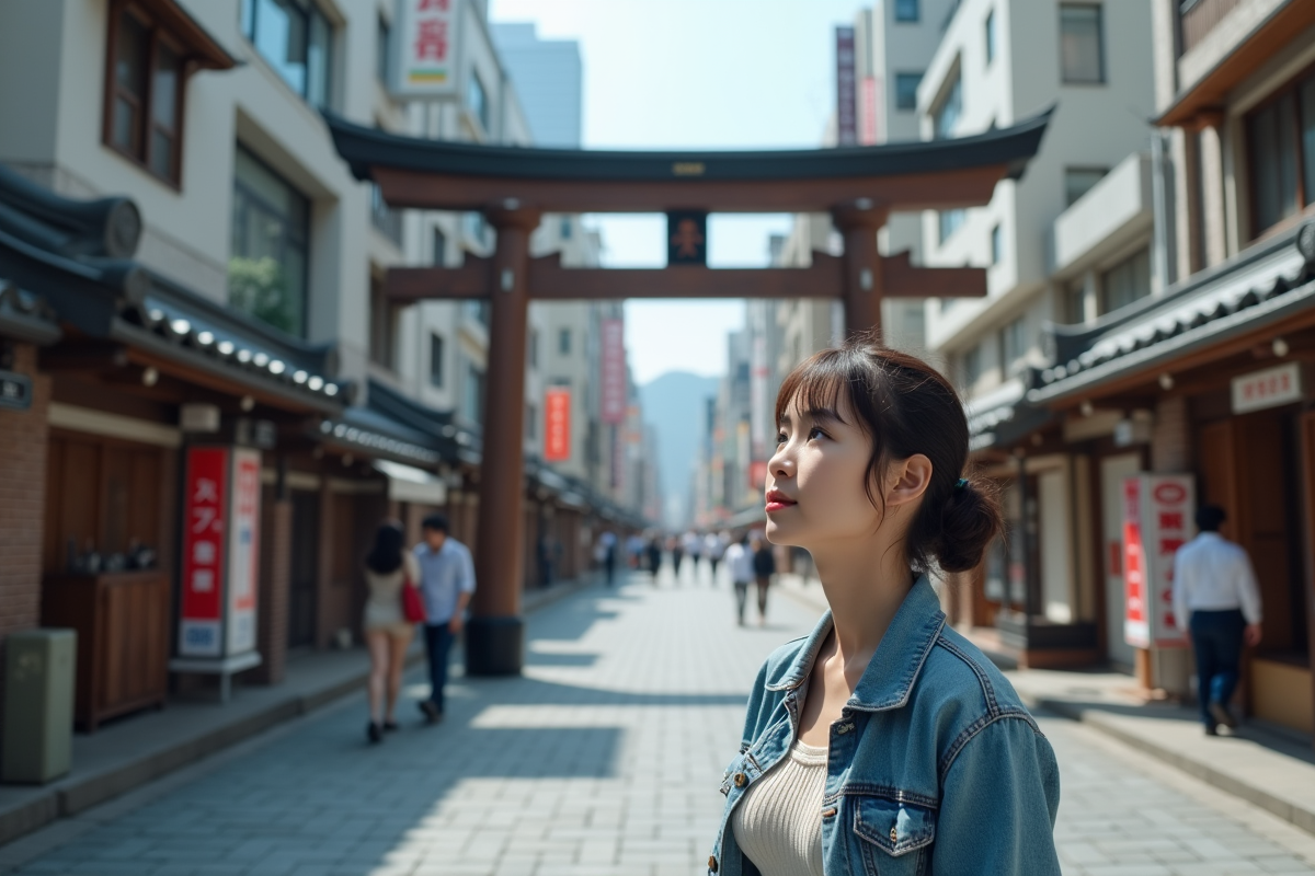 Jeune femme japonaise devant un portail historique à Tokyo