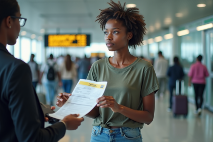 Jeune femme africaine montrant son certificat de vaccination à l'aéroport