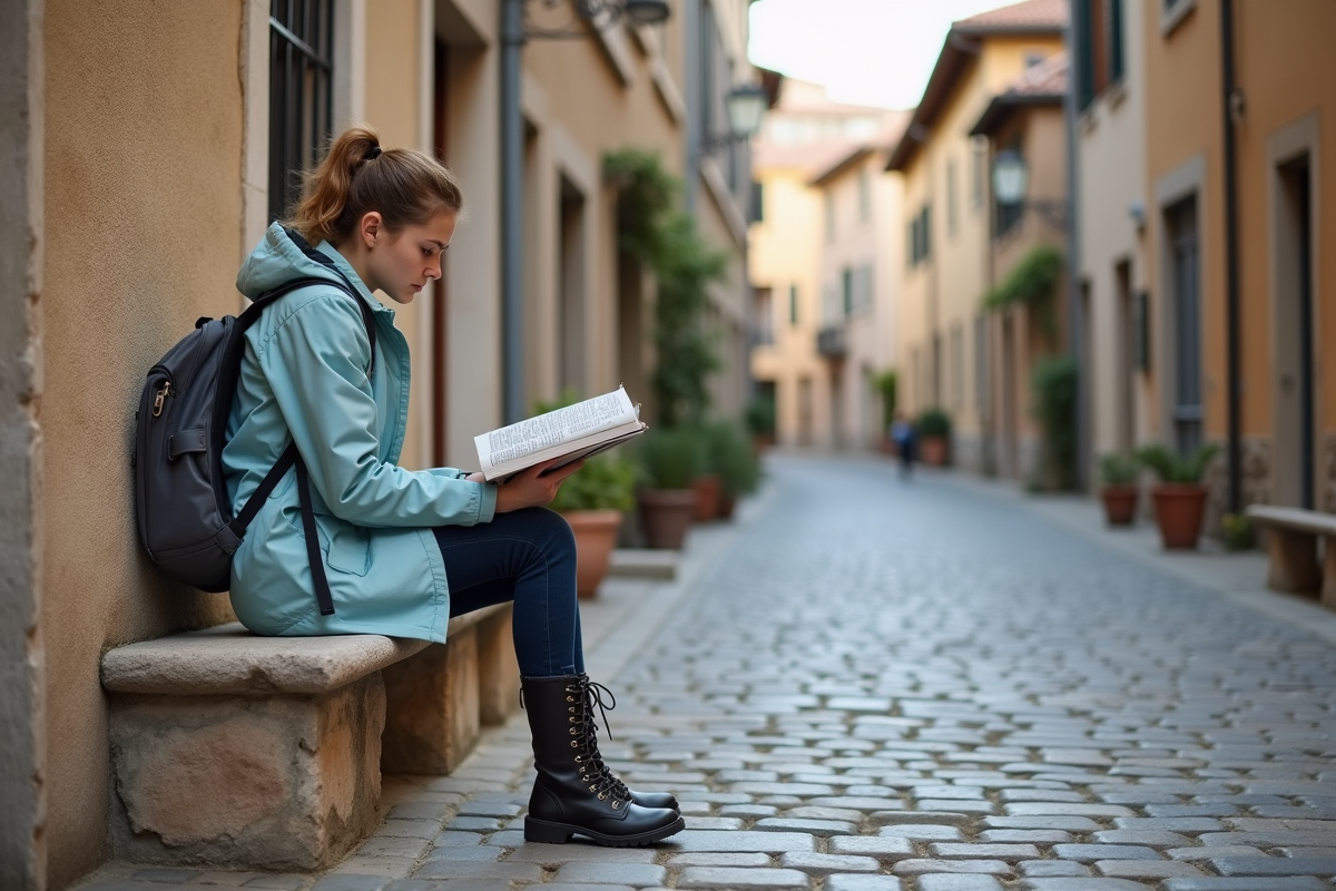 Jeune femme lisant un guide dans une place de village historique
