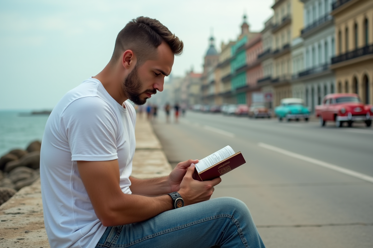 Jeune homme regardant son passeport sur le Malecon de Havana